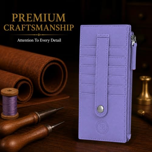 Leatherboss Genuine Leather Women's All in One Credit Business Card Case Holder Slim Zipper Wallet With a Card Protection Strap, Purple - color: Purple