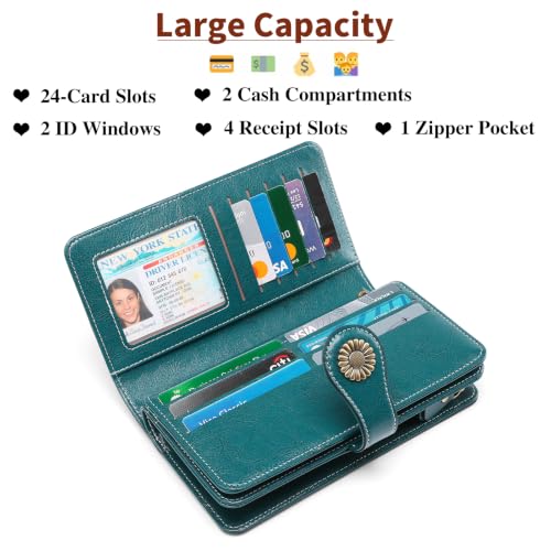 SENDEFN Wallets for Women Leather Credit Card Holder with RFID Blocking Large Capacity Wristlet - color: 1-Wax-A-Blue