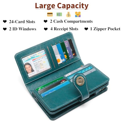 SENDEFN Wallets for Women Leather Credit Card Holder with RFID Blocking Large Capacity Wristlet - color: 1-Wax-A-Blue