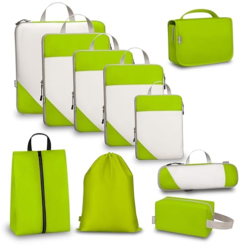 Compression Travel Packing Cubes with White Mesh, Green, 10Pcs - color: Green, size: Set of 10