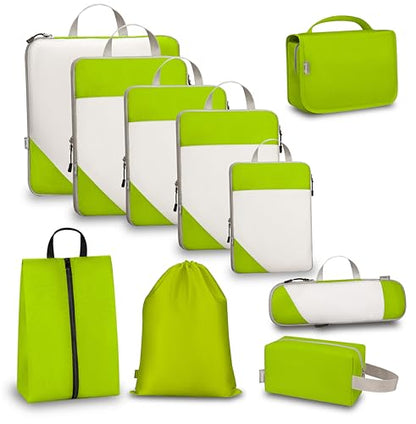 Compression Travel Packing Cubes with White Mesh, Green, 10Pcs - color: Green, size: Set of 10