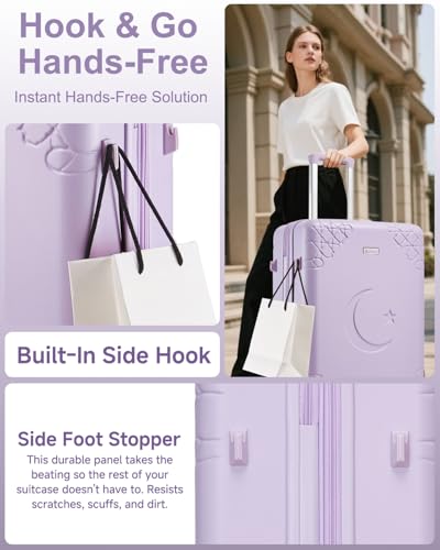 Somago Expandable 2-Piece Luggage Sets 20"/24" Suitcases with Shock-Absorbing Braking Spinner Wheels Moon Star Design Hard Shell Suitcase with Cupholder TSA Lock (Light Purple,Expandable 20/24 Inch) - color: Light Purple, size: Expandable 2-Piece Set(20/2
