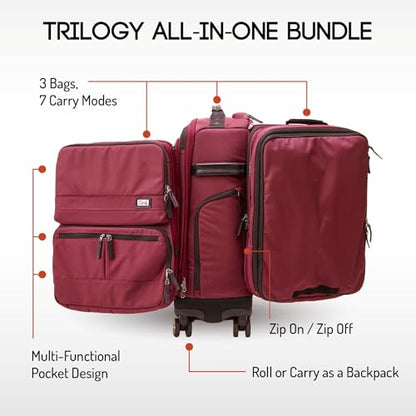 Trilogy All-In-One Bundle: 3-Part Modular Rolling Pack and 8 Perfect Fit Packing Cubes and a padded hip belt. Get 3 bags in 1 (Zinfandel) - color: Red