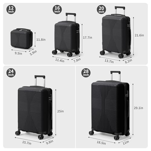 Karl home PP Hard Case Luggage Sets 5 Piece, Black, 12/16/20/24/28" - color: Black, size: 5 Piece Set (12in/16in/20in/24in/28in)
