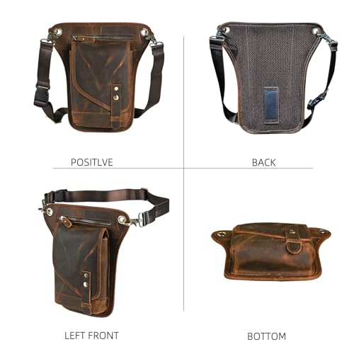 Water Resistant Canvas + Leather Motorcycle Fanny Waist Pack One Shoulder Drop Leg Thigh Bag For Men Women FB211-6 - color: 211-6 Brown