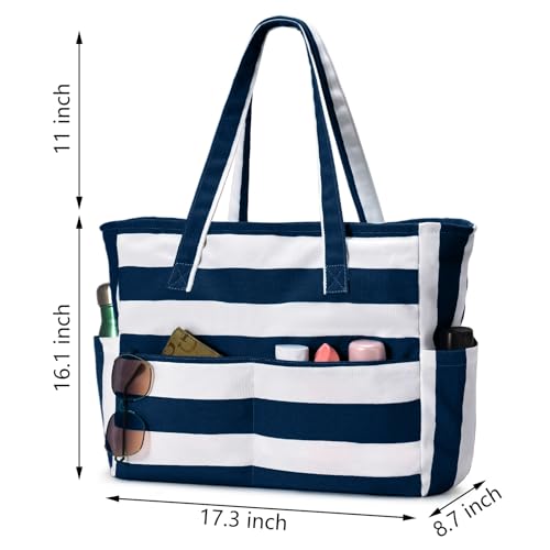 oscaurt Beach Bags for Women Large Waterproof Sandproof Beach Tote Swim Pool Bag with Zipper for Travel Vacation Essentials - color: Dark Blue Stripe