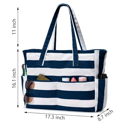 oscaurt Beach Bags for Women Large Waterproof Sandproof Beach Tote Swim Pool Bag with Zipper for Travel Vacation Essentials - color: Dark Blue Stripe