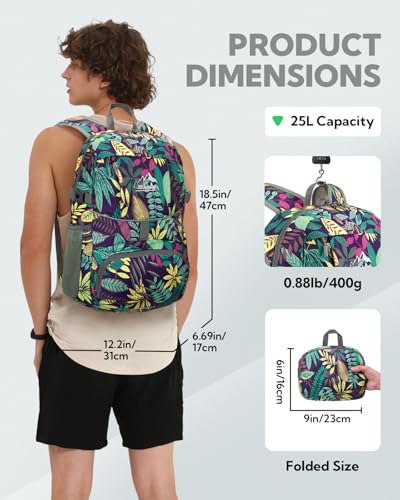 WATERFLY Small Lightweight Packable Hiking Backpack Foldable Travel Daypack - color: J-print, size: 25L
