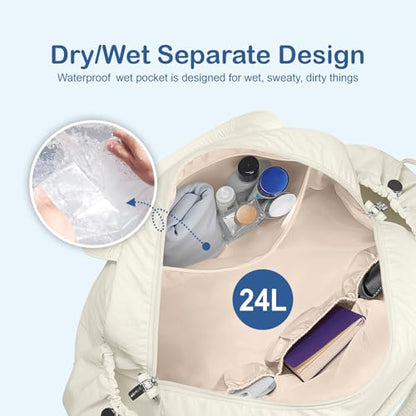 TOPDesign Travel Duffel Bag, Puffy Carry On Overnight, Gym Bag w/Wet Pocket - color: Ivory White