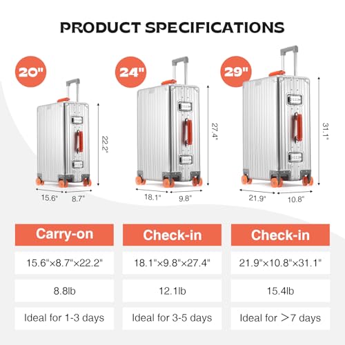20 Inch All Aluminum Zipperless Carry On Luggage,Hard Shell Suitcase - color: Silver