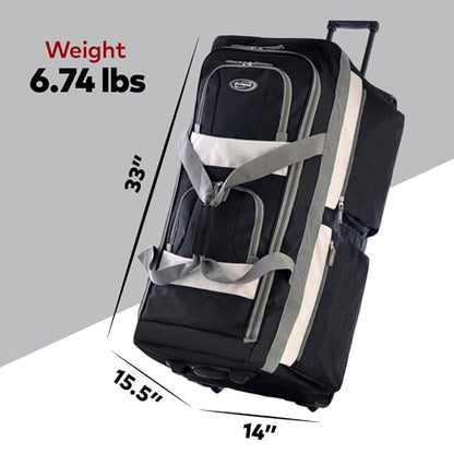 Olympia U.S.A. 33 inch Jumbo Size 8 Pockets Wheeled Rolling Duffel Bag Water Resistant Luggage Lightweight Travel Suitcase with Retractable Handle - color: Black, size: 33 inch
