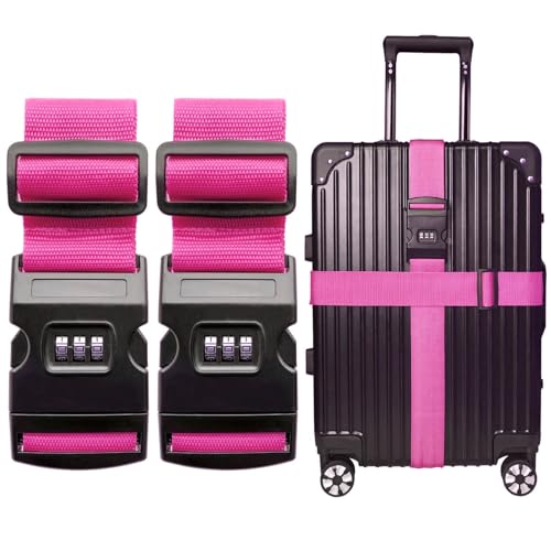 2 PCS Luggage Strap 78" x 2" Suitcase Belts Wide Adjustable Packing Straps Travel Accessories, Rose Pink & Combination Lock - color: 2pcs Rose Pink