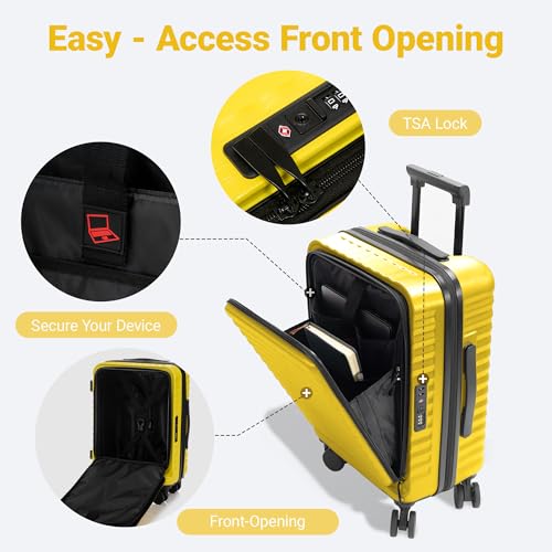 Rosamo 3 Piece Carry On Luggage Set, 20 Inch Front Opening Hardside Suitcase, Spinner Wheels, TSA Lock - color: Yellow