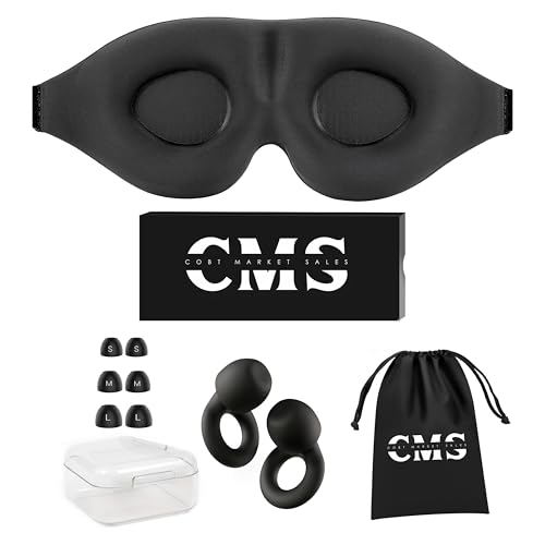 3D Contoured Sleep Mask with Earplugs Set - 100% Blackout Memory Foam Eye Mask for Sleeping - Soft Comfortable Night Blindfold for Side Sleepers, Men & Women, Travel & Shift Work (Black)