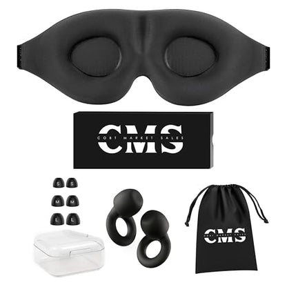 3D Contoured Sleep Mask with Earplugs Set - 100% Blackout Memory Foam Eye Mask for Sleeping - Soft Comfortable Night Blindfold for Side Sleepers, Men & Women, Travel & Shift Work (Black)