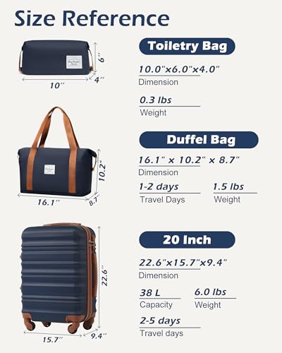 LONG VACATION Luggage Sets, 3 Piece, 20 Inch Carry On Hardshell Suitcase - color: NAVY, size: 3-Piece Set (20-Inch)