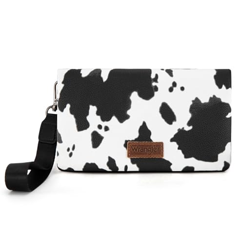 Wrangler Cow Print Womens Wristlet Wallet RFID Blocking Bifold Clutch Credit Card Holder Purse - color: A-cow Black