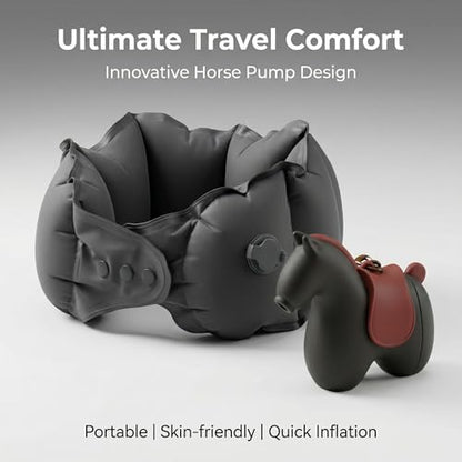 Foldable Inflatable Travel Pillow with Cute Pony Storage Case, Portable Neck Pillow for Airplane, Train & Napping, Hygienic & Skin-Friendly Fabric (Grey) - color: Grey