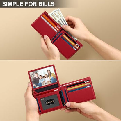 ZALVEX Wallet for Men Slim RFID Blocking Leather Credit Card Holder Wallet - color: Black + Red