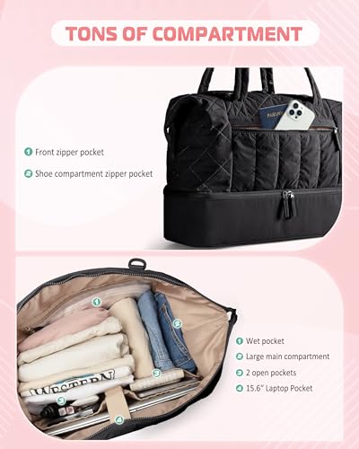 Smasrob Quilted Duffle Bag with Shoe Compartment, Wet Pocket, Laptop Pocket - color: Black
