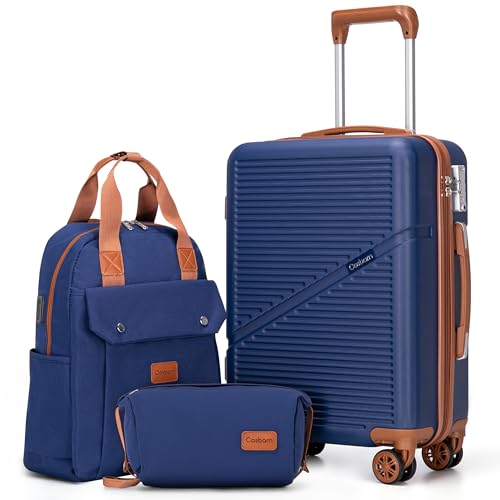 Cosbarn Carry On Luggage,3 Piece Suitcase Set,22x14x9 Airline Approved - color: Dark Blue, style: Carry on Luggage With Backpack