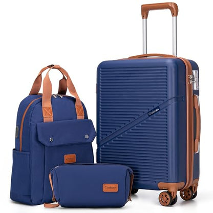 Cosbarn Carry On Luggage,3 Piece Suitcase Set,22x14x9 Airline Approved - color: Dark Blue, style: Carry on Luggage With Backpack