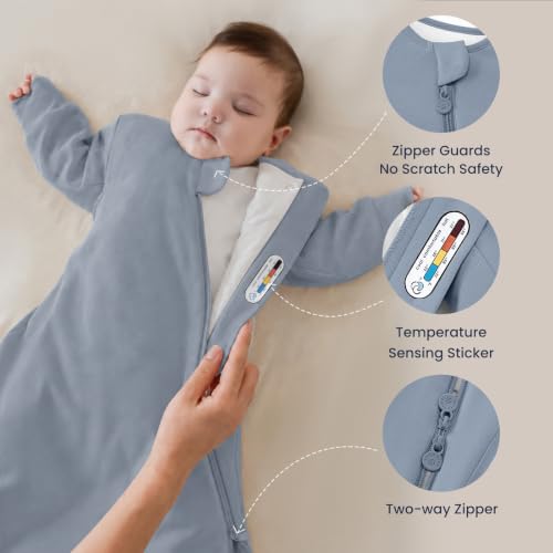 KaiyaBaby Organic Cotton Baby Sleep Sack, Long Sleeve 1.0 TOG, 0-6M - color: Blue Flint Stone, size: 0-6M