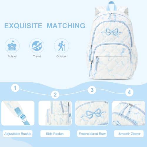DIGOBAY Quilted Backpack for Girls, Girls Backpack w/Lunch Box Pencil Case - color: Blue Bow