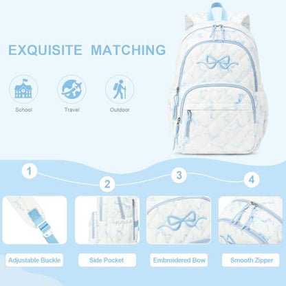 DIGOBAY Quilted Backpack for Girls, Girls Backpack w/Lunch Box Pencil Case - color: Blue Bow