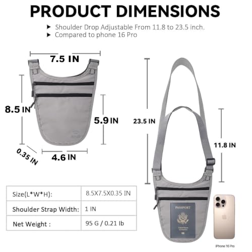 Money Belt for Travel, RFID Blocking Hidden Neck Wallet & Passport Holder - color: GRAY