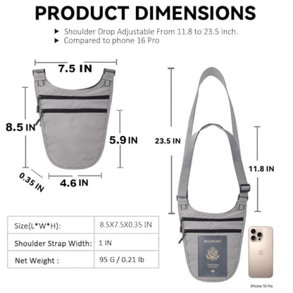Money Belt for Travel, RFID Blocking Hidden Neck Wallet & Passport Holder - color: GRAY