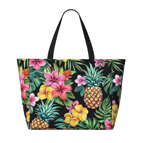 Beach Tote Bag for Women Foldable Waterproof and Sandproof Tote Bag with Zipper Print Beach Bag Large Travel Bag - color: Pineapple