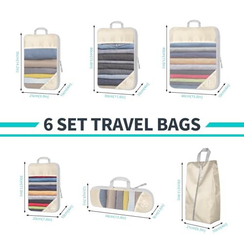 6 Set Compression Packing Cubes for Travel - Compressible, Lightweight, and Space-Saving Packing Cubes, Travel Accessories Luggage Suitcase Backpack for Men Women (Beige) - color: Beige