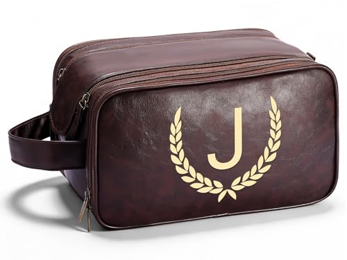 OXYEFEI Personalized Gifts for Men, Personalized Large Toiletry Bag for Men,Custom PU Leather Waterproof Mens Toiletry Travel with Initial Essential Dopp Kit Shaving Bag (J, Tea Brown) - color: Tea Brown, style: J