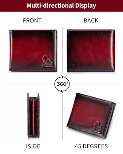 Men's Cowhide Leather RFID Wallet, Slim Bifold (Red) - color: Red