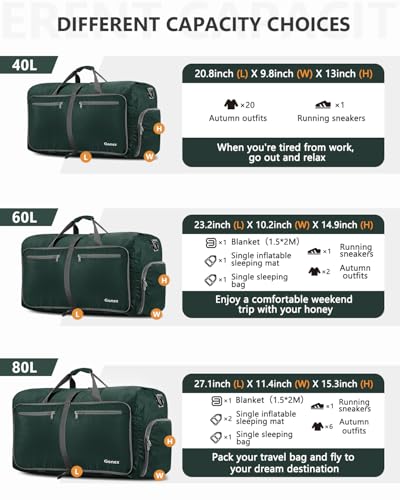Gonex 80L Foldable Travel Duffle Bag with Shoe Compartment, Lightweight - color: Dark Green, size: 80L