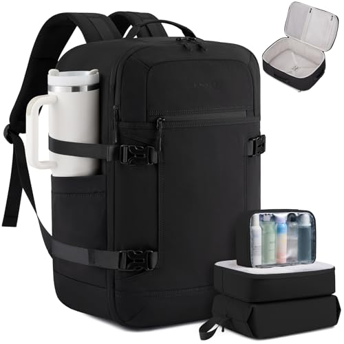 LOVEVOOK 50L Travel Backpack for Women & Men, Airline Approved Carry On Backpack with 3 Packing Cubes, TSA Personal Item Bag, Waterproof Weekender Overnight Backpack Fits 17" Laptop - color: Black, size: X-Large-50L-4Pcs