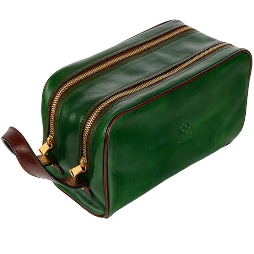 Time Resistance Leather Cosmetic Bag - Italian Toiletry Dopp Kit (Green) - color: Green