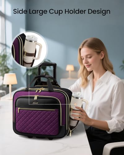 LOVEVOOK Rolling Laptop Bag for Women, Underseat Carry On Bag with Wheels - color: Purple-Black