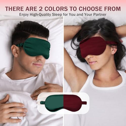 Amrules 2 Pack Silk Sleep Mask Set Adjustable, Green & Dark Red - color: Teal Green & Wine Red-silk Floss