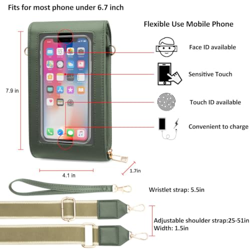 CrossBody Bags with Touchscreen Cell Phone Purse Window Zipper Pocket,RFID Blocking Card Holder iPhone bag for Women - color: Vertical - Grey Green