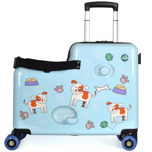 BLUE PUPPY Kids Ride On Suitcase | Toddler Travel Luggage | Carry On Friendly | Rideable | Trolley Case with Seat, Safety Strap and 360 Spinner Wheels | Ages 2-6 | Holds up to 80 lb