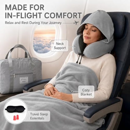 Travel Blanket and Pillow Set - Hooded Neck Pillow Airplane Essentials Grey - color: Grey