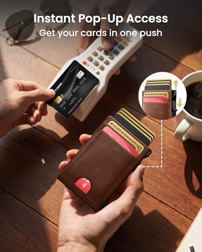Wallet for Men Card Holder: Pop Up Card Case, Genuine Leather, Smart, RFID Blocking, Slim, Minimalist, Thin, Front Pocket - 12 Card Capacity, ID Window, Money Clip (Brown) - color: Brown