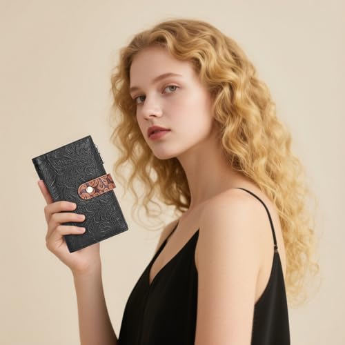 GOIACII Women's Wallet RFID Blocking Leather Trifold Credit Card Holder - color: B04 Black & Brown