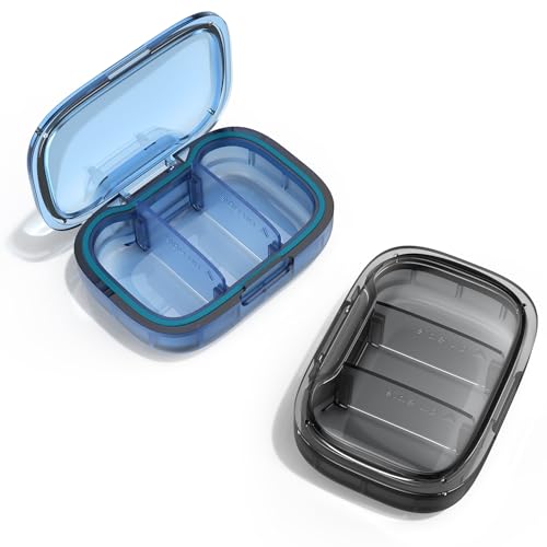 2 Pack 3 Compartment Small Pill Box, Moisture Proof Pill Case, Pill Organizer for Pocket Purse, Daily Portable Medicine Vitamin Box (Blue+Black) - color: Blue+black