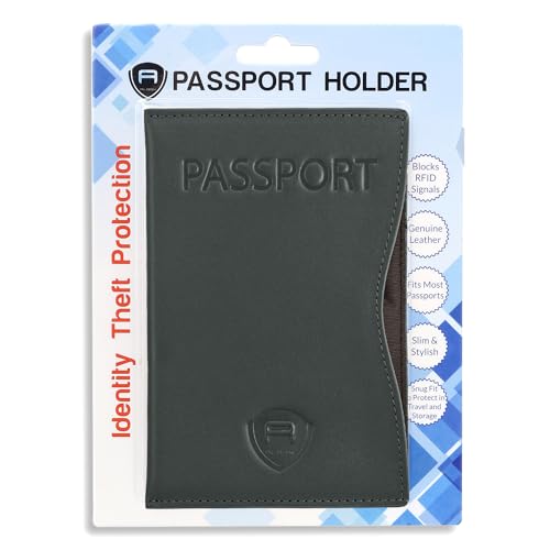 Alban RFID Passport Holder for Women & Men, Genuine Leather Passport Cover - color: Grey