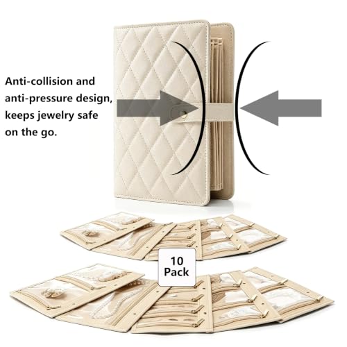 Travel Jewelry Organizer Book, PU Leather, 10 Interchangeable Pages, Rings, Necklaces, Earrings, Bracelets, Compact Portable Case, Off-White