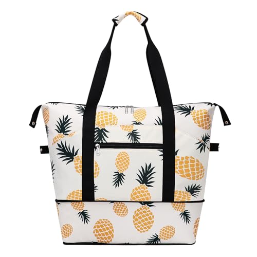 Expandable Duffel Bag for Women with Trolley Sleeve/Wet Pocket Weekender Travel Tote Large Carry On Overnight Luggage - color: Pineapple