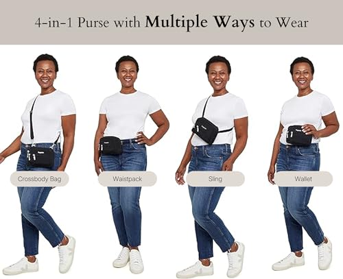 Baggallini Triple Zip Small Crossbody Bag for Women - Lightweight Convertible Fanny Pack Belt Bag - color: Black Cheetah, style: Slim Strap